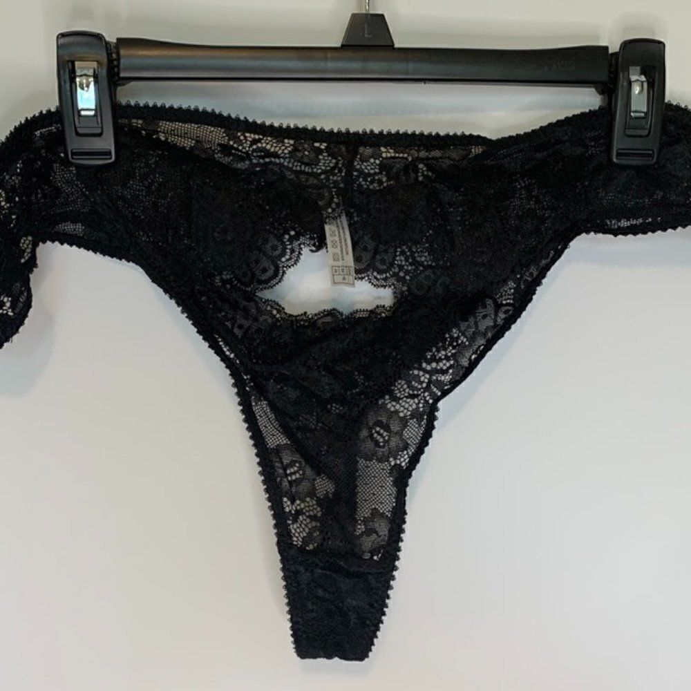 Frederick's of Hollywood Black Lace Thong with Scalloped Lace Keyholes